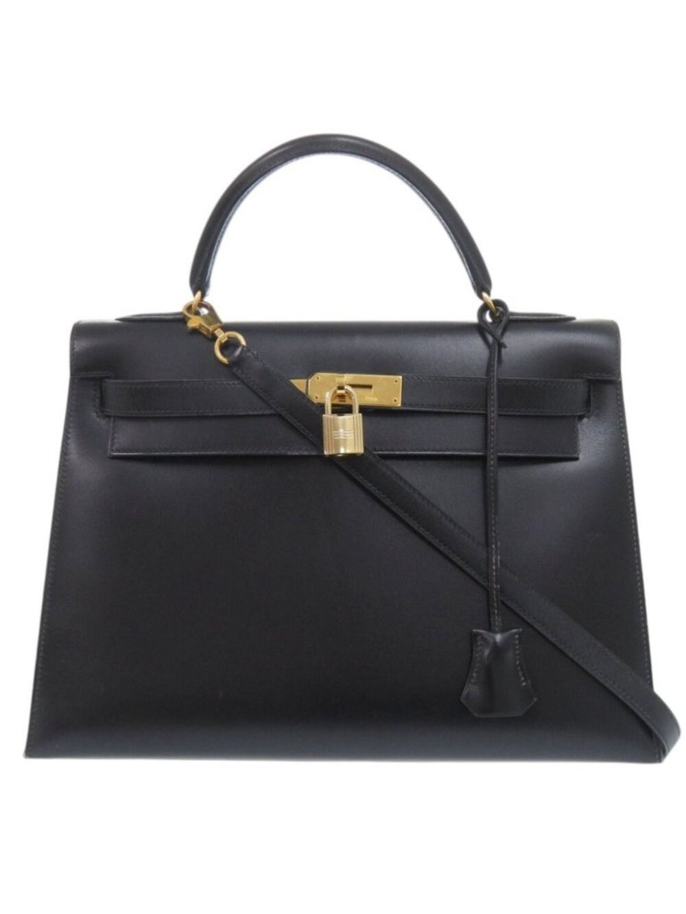 Hermes Kelly 32 Sellier Box Calf Black Gold Handbag